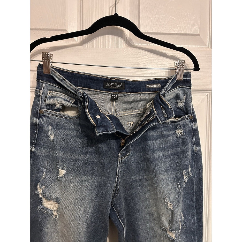 Judy Blue 7/28 Straight Fit Dark Wash Distress Raw Hem Blue Jeans Denim - Picture 4 of 13